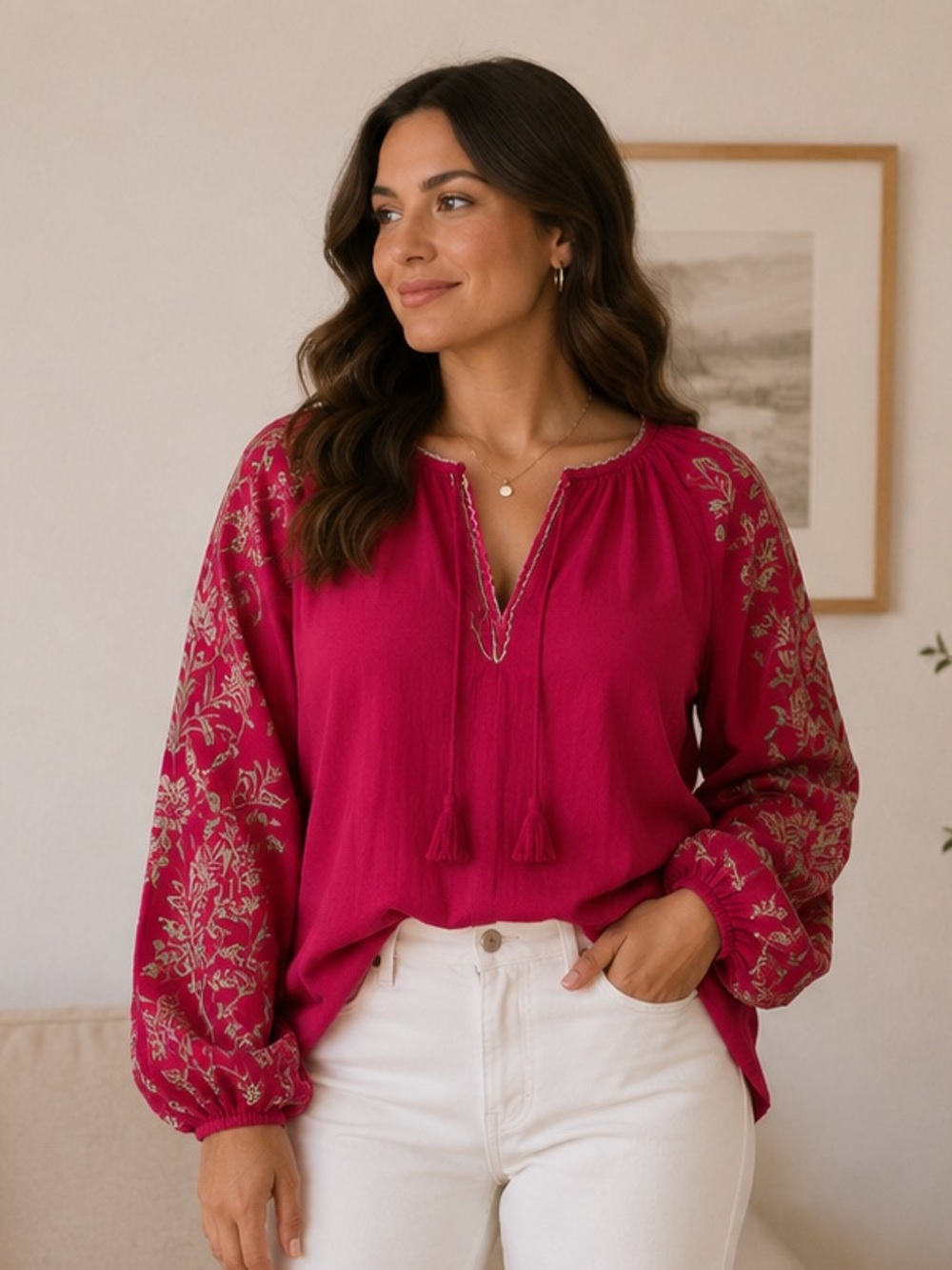 Voyageur by Mersea Palermo Embroidered Blouse Berry Red Women’s Size Large